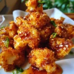 Crispy orange cauliflower served on a plate, garnished with herbs