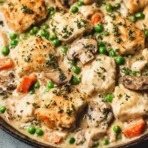 Crustless chicken pot pie skillet garnished with herbs in a cast iron pan.