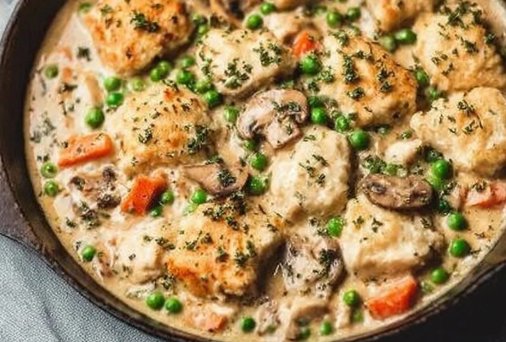 Crustless chicken pot pie skillet garnished with herbs in a cast iron pan.