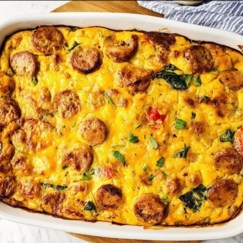 Dairy free chicken sausage breakfast casserole served in a dish
