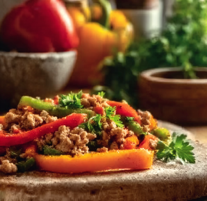 Ground turkey stir-fried with colorful peppers in a savory dish