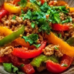 Ground turkey stir-fried with colorful peppers in a savory dish