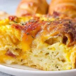 Delicious easy croissant breakfast casserole ready to serve