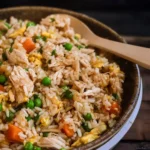 Plate of easy rotisserie chicken fried rice with colorful vegetables
