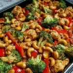Delicious easy sheet pan cashew chicken recipe with colorful vegetables
