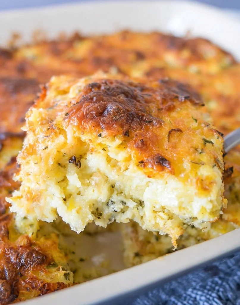 Delicious Egg Hashbrown Casserole topped with cheese and herbs