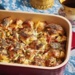 Delicious everything bagel casserole topped with cream cheese and herbs