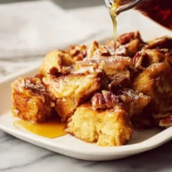 Delicious baked French Toast Casserole with syrup and berries on top.