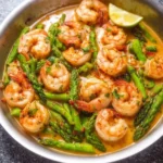 Delicious Garlic Shrimp and Asparagus dish served on a plate.
