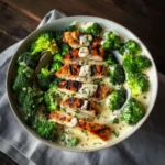 Grilled chicken bowls with broccoli and creamy garlic sauce