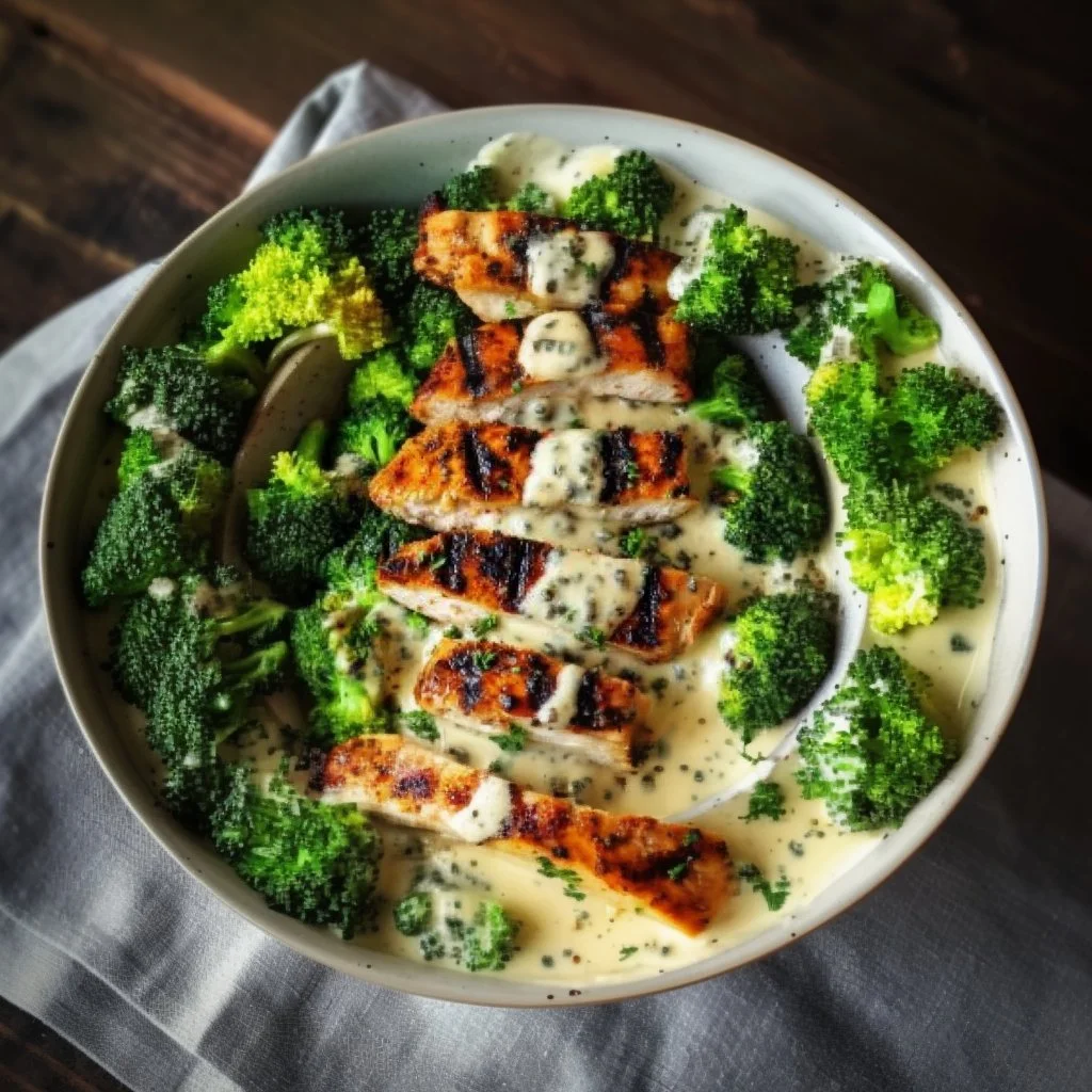 Grilled chicken bowls with broccoli and creamy garlic sauce