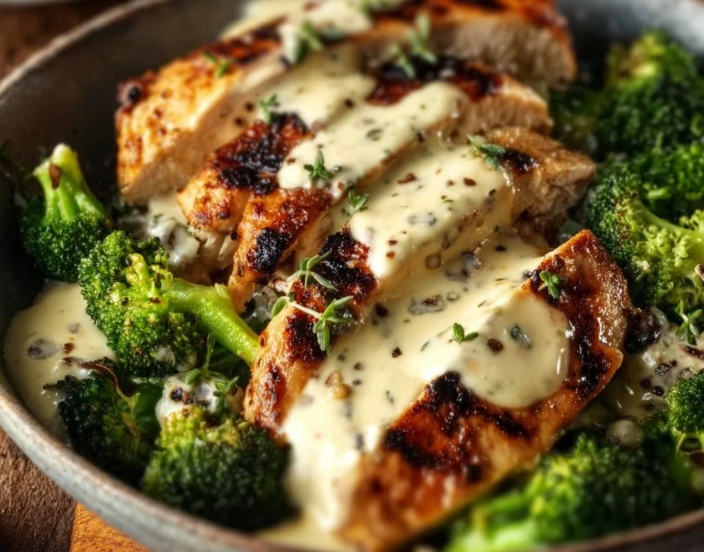 Grilled Chicken Broccoli Bowls with Creamy Garlic Sauce