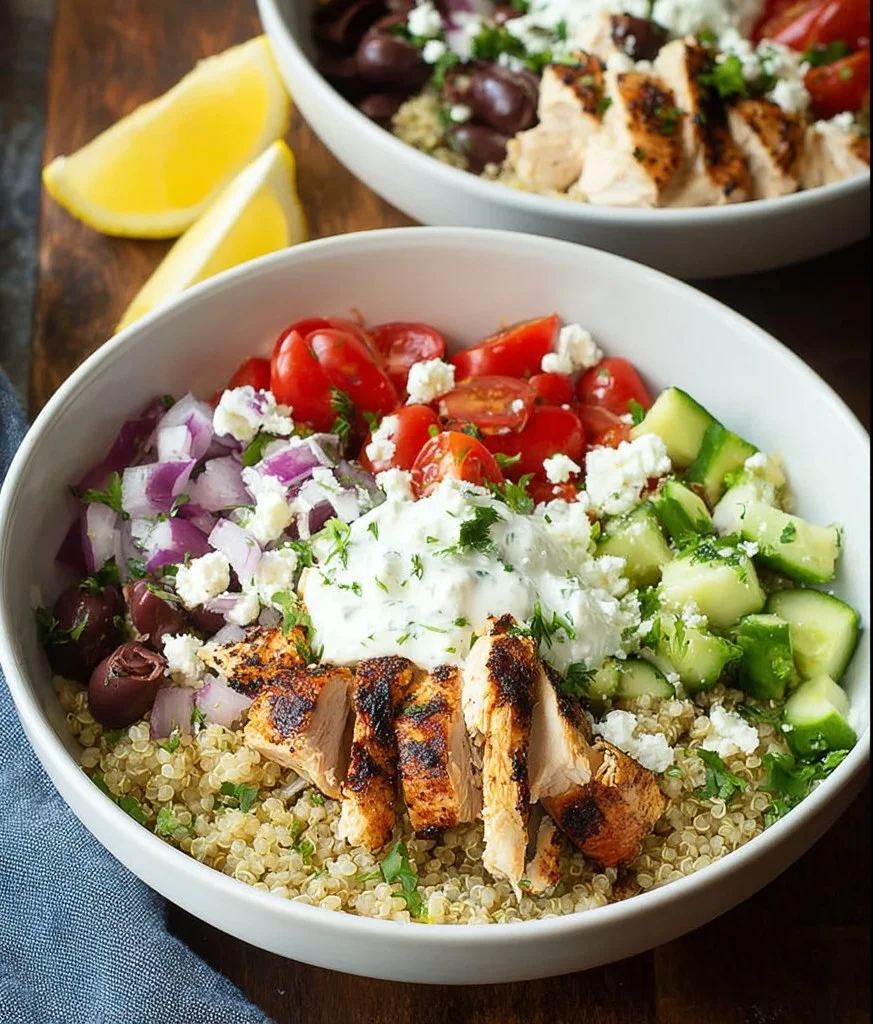Grilled Greek chicken quinoa bowl with fresh vegetables and feta cheese
