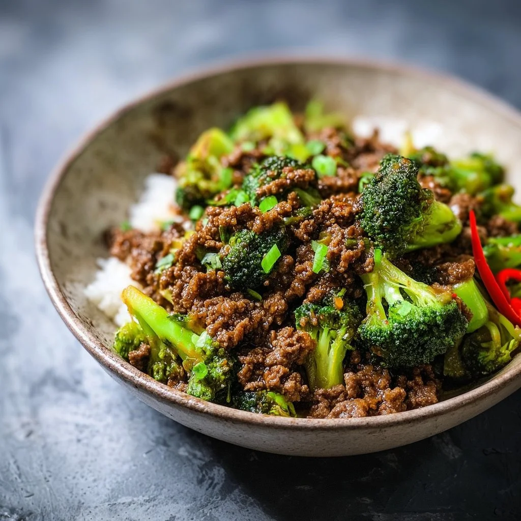 Ground beef and broccoli stir fry served in a bowl with vibrant vegetables.