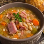 A warm bowl of Ham and Bean Soup served with fresh herbs and bread.