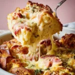 Ham and Cheese Brunch Bake served in a baking dish with garnish.