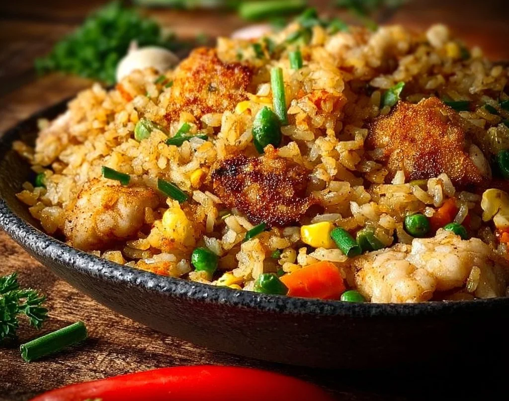 High Protein Crispy Garlic Chicken Fried Rice