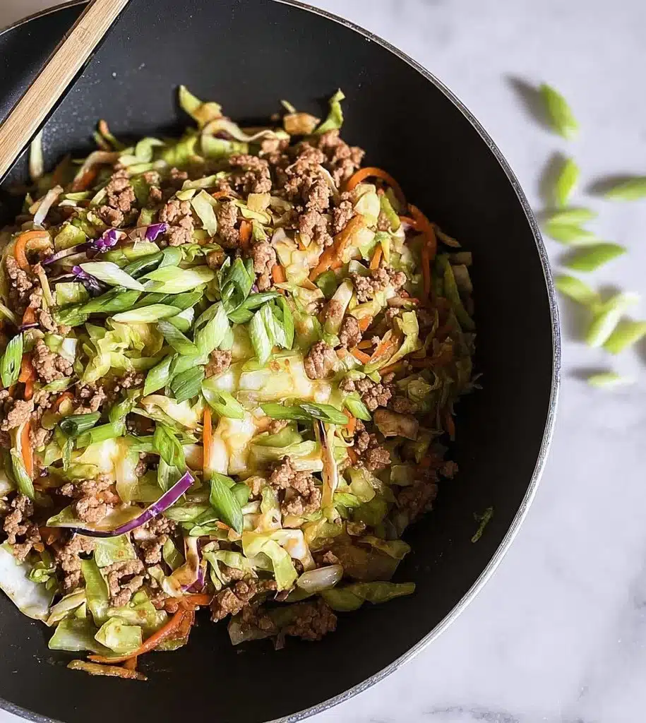High protein egg roll in a bowl with fresh vegetables and savory sauce