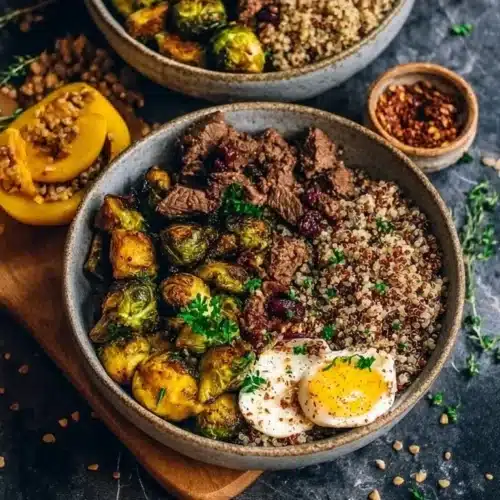 High-protein quinoa and beef bowls with fresh vegetables and spices