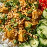 High Protein Thai Peanut Chicken Bowl with colorful vegetables and peanut sauce.
