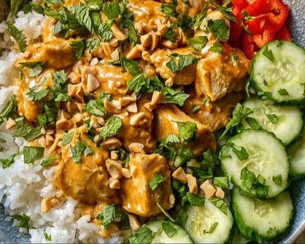 High Protein Thai Peanut Chicken Bowl with colorful vegetables and peanut sauce.