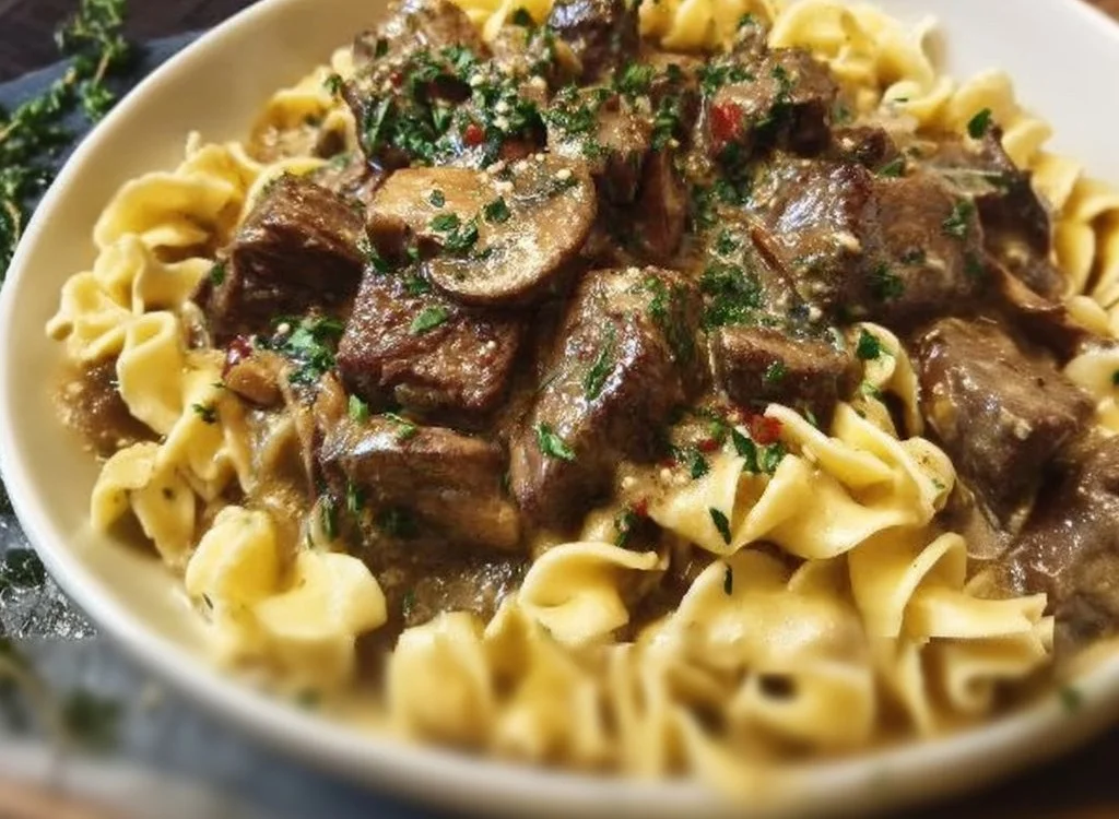 Instant Pot Beef Stroganoff served in a bowl with mushrooms and noodles