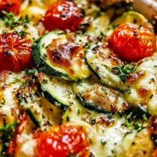Mediterranean chicken zucchini bake dish with fresh herbs and vegetables