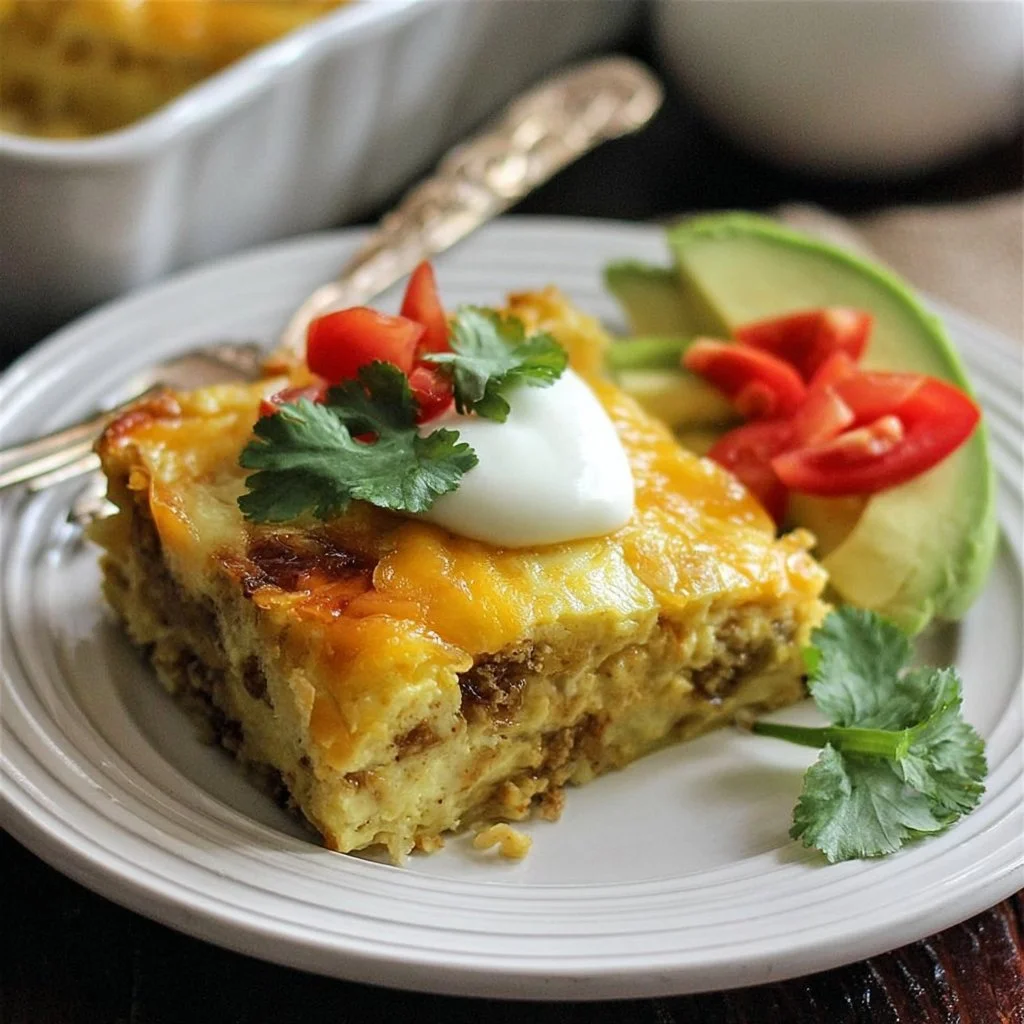 Delicious Mexican-Style breakfast casserole with eggs, tortillas, and toppings.