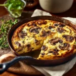 Mushroom Mozzarella Frittata garnished and sliced on a plate
