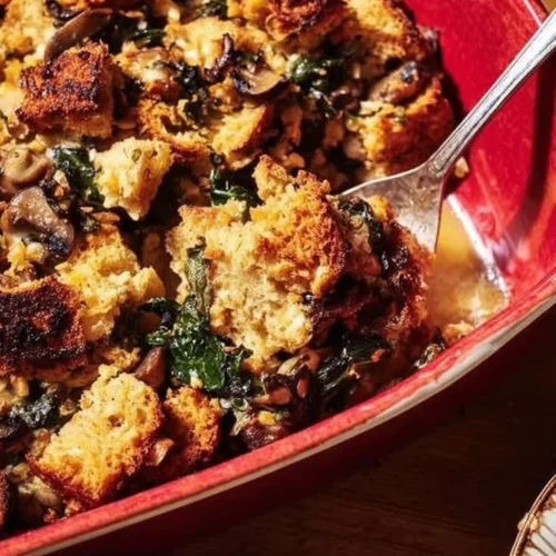 Mushroom and Swiss Chard Strata topped with Gruyere cheese