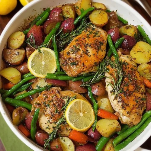One Pan Garlic Herb Chicken served with colorful veggies on a white plate