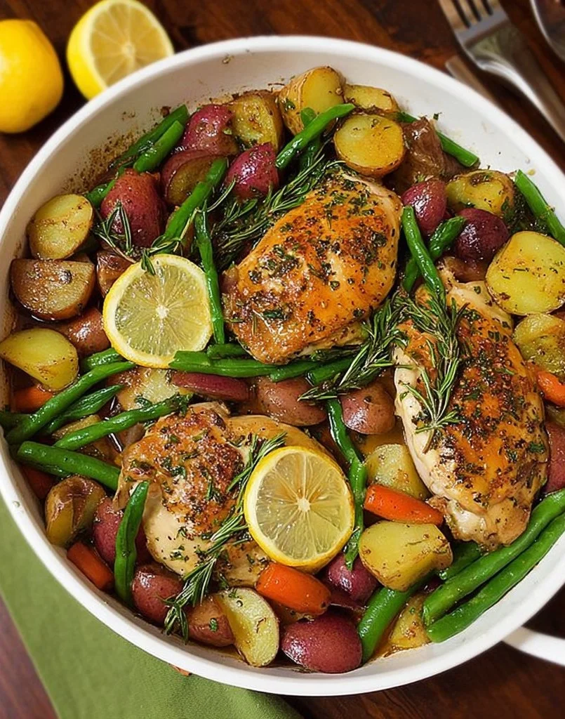 One Pan Garlic Herb Chicken served with colorful veggies on a white plate