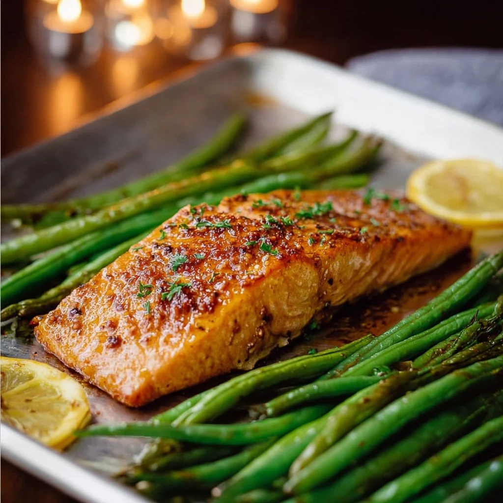 One Sheet Pan Honey Mustard Salmon with Green Beans