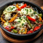 Philly cheesesteak bowl topped with cheese and peppers in a low-carb dish