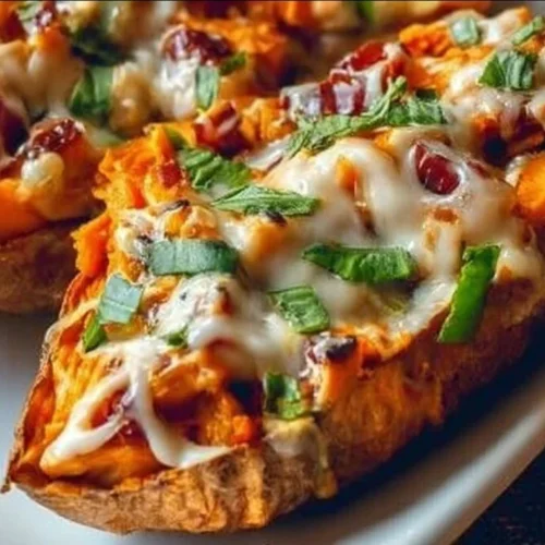 Protein loaded sweet potato boats topped with healthy ingredients