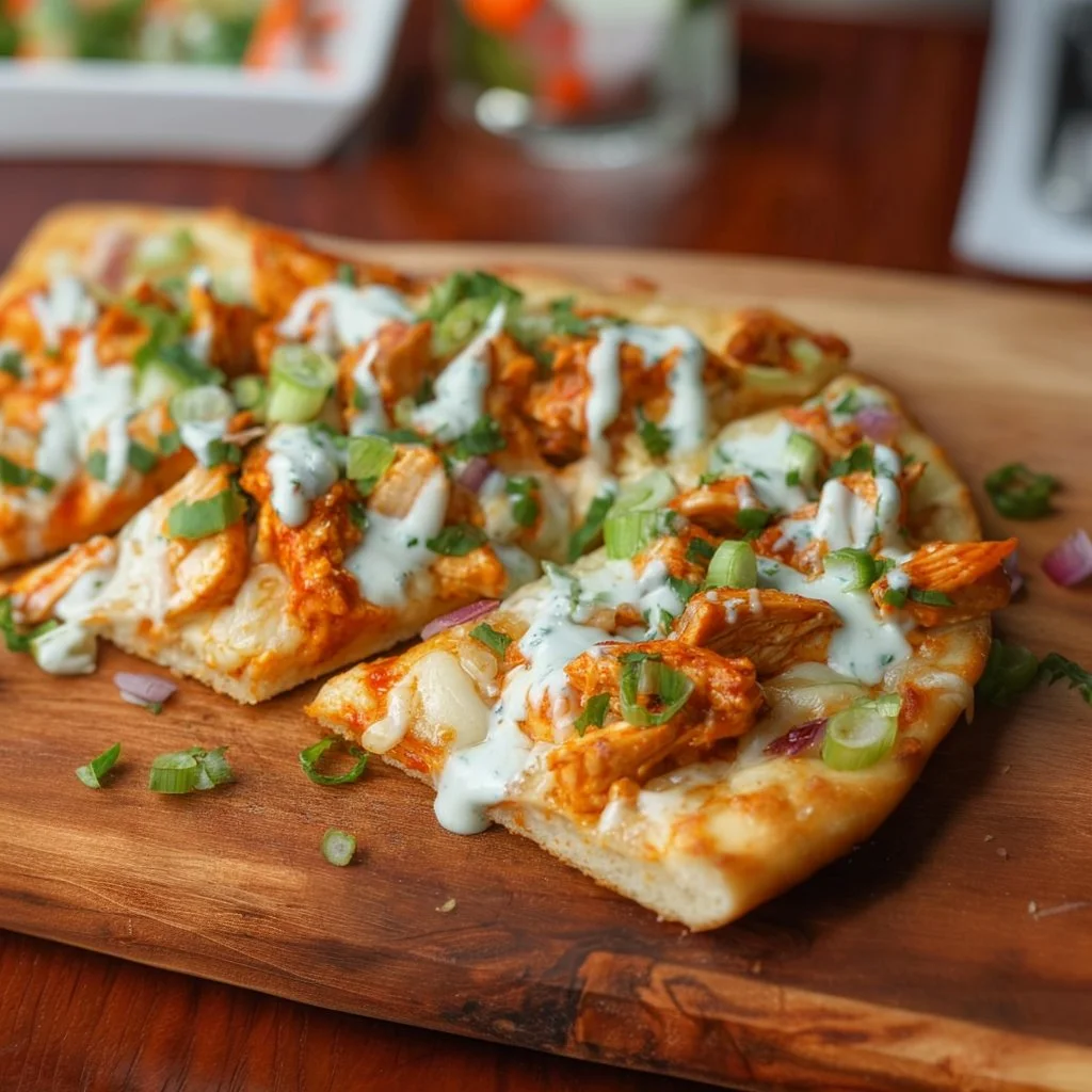 Saucy Buffalo Chicken Flatbread topped with cheese and fresh herbs