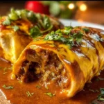 Delicious saucy ground beef wet burrito topped with cheese and fresh garnishes