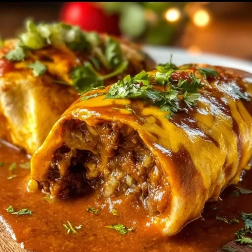 Delicious saucy ground beef wet burrito topped with cheese and fresh garnishes