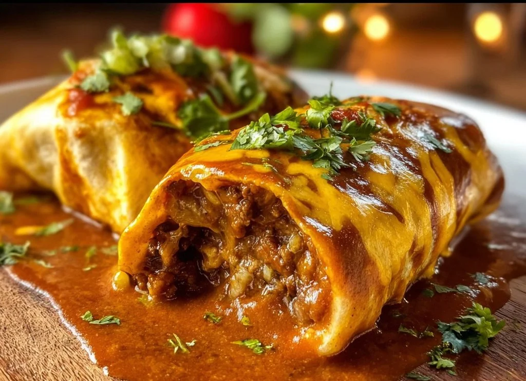 Delicious saucy ground beef wet burrito topped with cheese and fresh garnishes