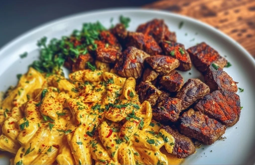 Plate of savory Cajun steak tips with cheesy penne parmesan sauce
