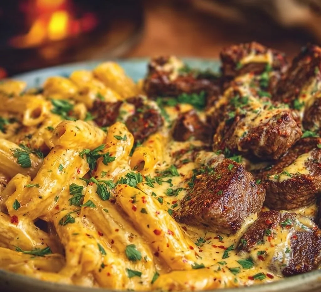 Savory Cajun Steak Tips with Cheesy Penne Parmesan Sauce