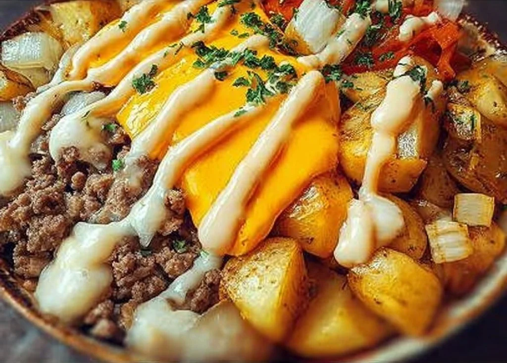 Delicious Smash Burger Bowl with fresh ingredients piled high.