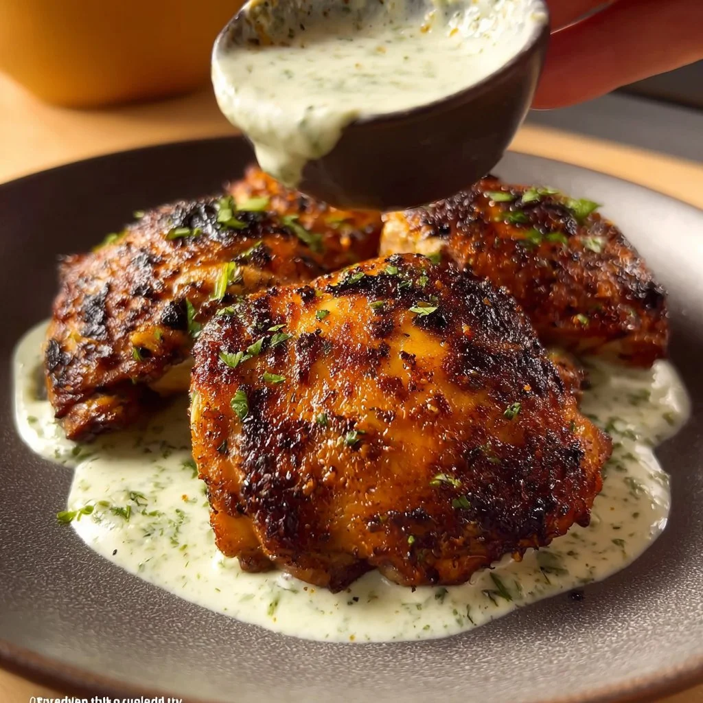 Smoky Lemon Herb Chicken Thighs with Creamy Scallion Sauce