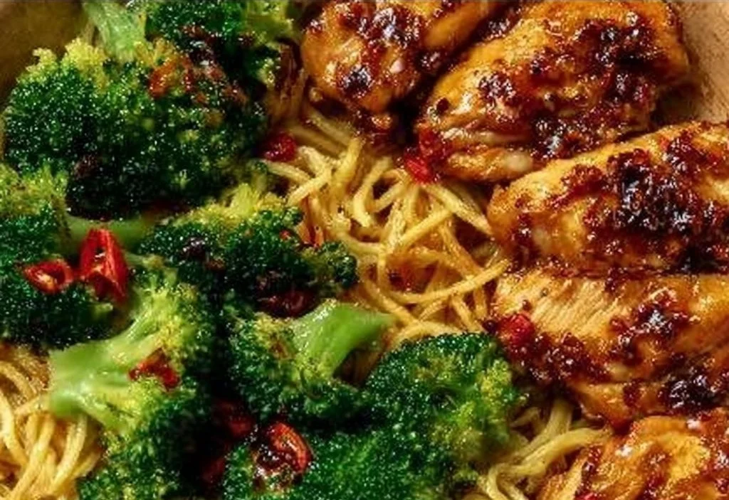 Spicy Garlic Chicken with broccoli and noodles in a vibrant bowl