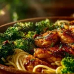 Spicy Garlic Chicken with broccoli and noodles in a vibrant bowl