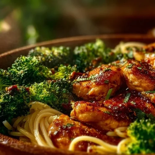 Spicy Garlic Chicken with broccoli and noodles in a vibrant bowl