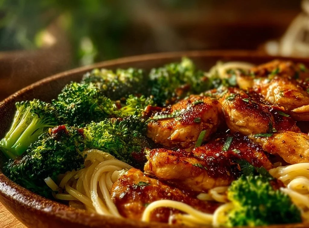 Spicy Garlic Chicken with broccoli and noodles in a vibrant bowl