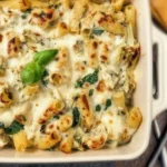 Delicious Spinach Artichoke Pasta Bake served in a baking dish
