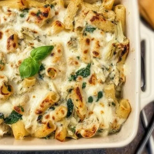 Delicious Spinach Artichoke Pasta Bake served in a baking dish