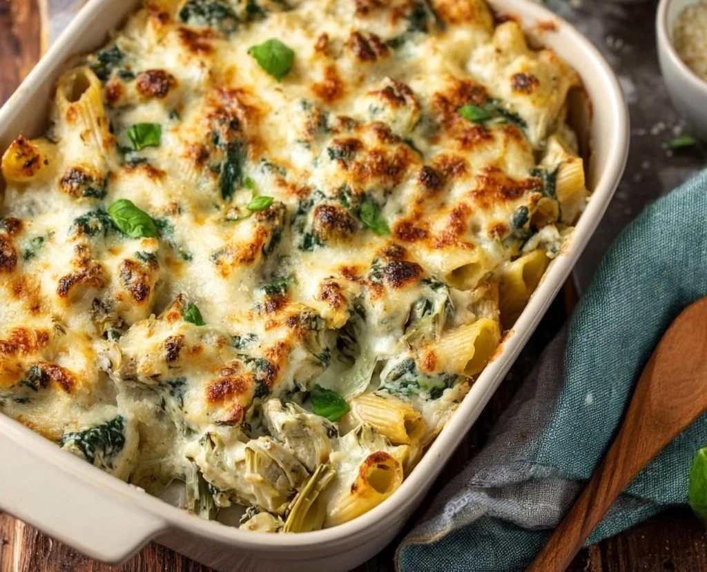 Delicious Spinach Artichoke Pasta Bake served in a baking dish